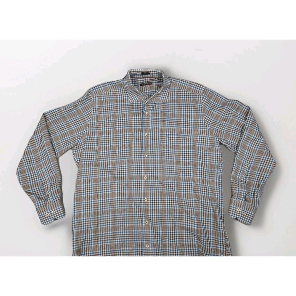 PETER MILLAR L Blue Brown Plaid Button Up Performance Shirt